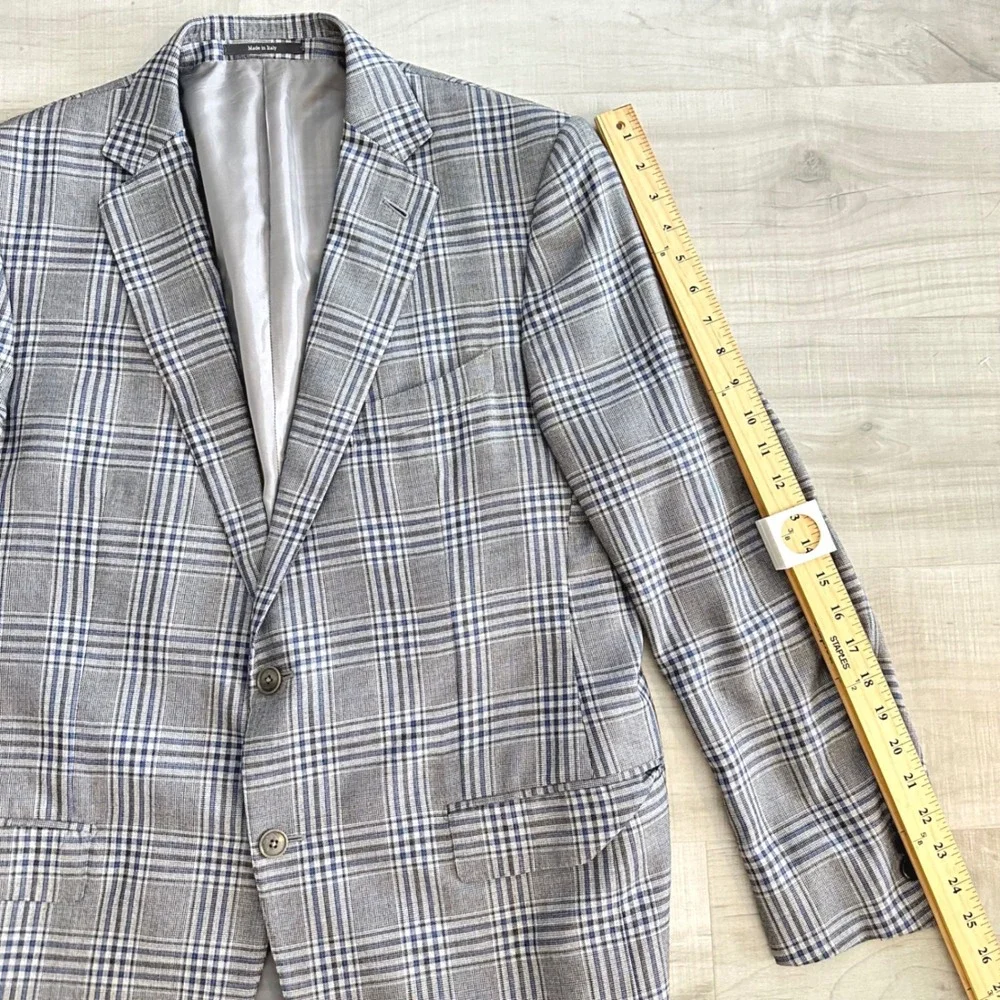 Ermenegildo Zegna Cashmere Silk Sport Coat Grey Blue Plaid Blazer Italy 44R US